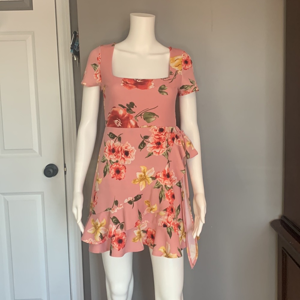 Stunning Pink Floral Faux Wrap Dress